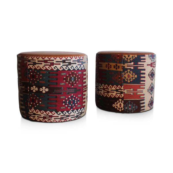 Turkish kilim leather pouf set with multicolor geometric woven sides and round bases