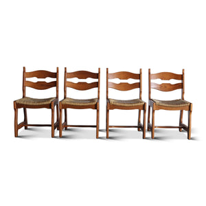 Set of Four Oak and Rush Dining Chairs Attributed to Guillereme et Chambron