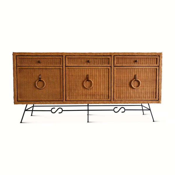 Wicker credenza with three front drawers and round ring pulls, woven cane texture