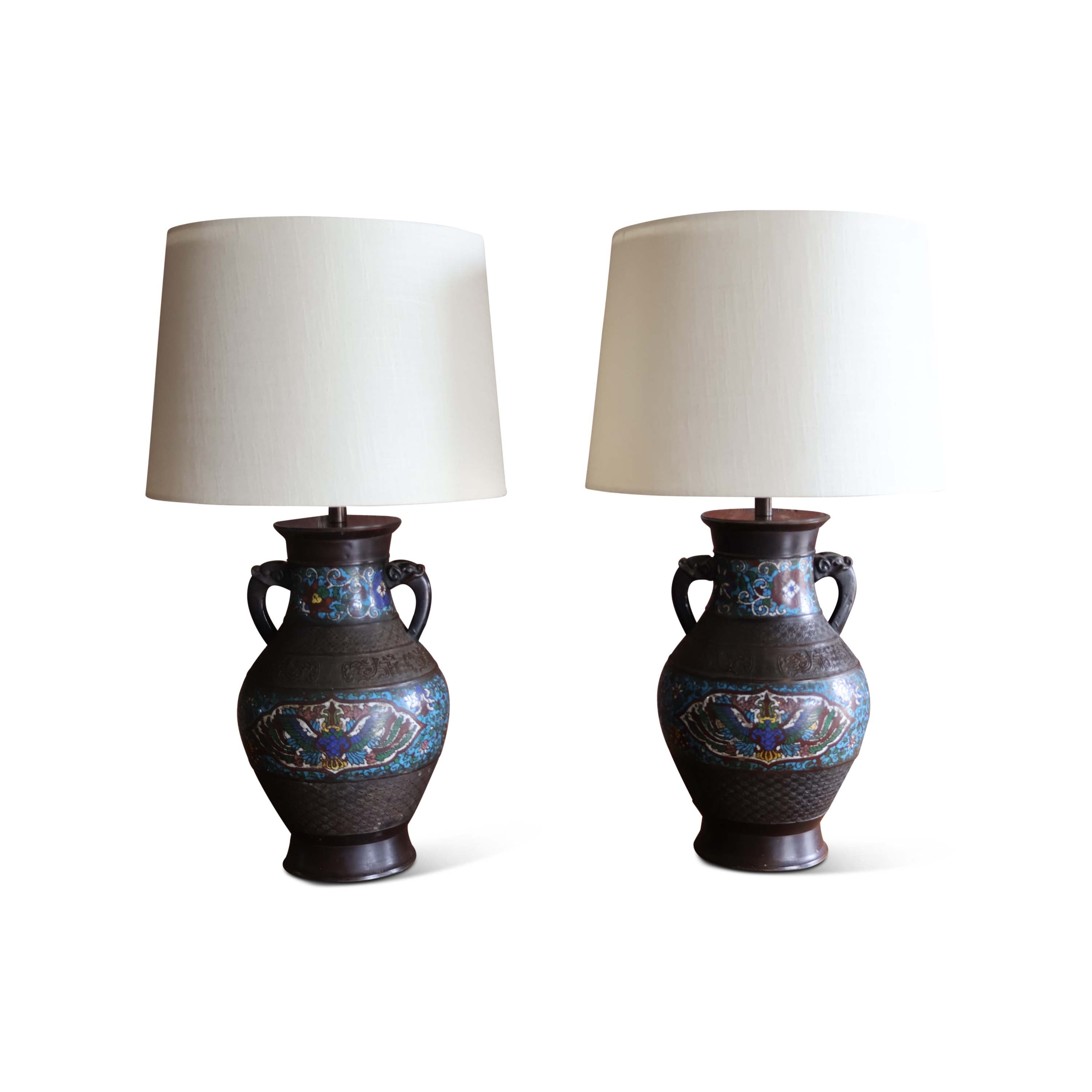 Pair of Bronze Chinese Cloissone Vase Table Lamps