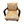 Patchwork leather accent chair front view, tan square patchwork seat and back, dark wood arms