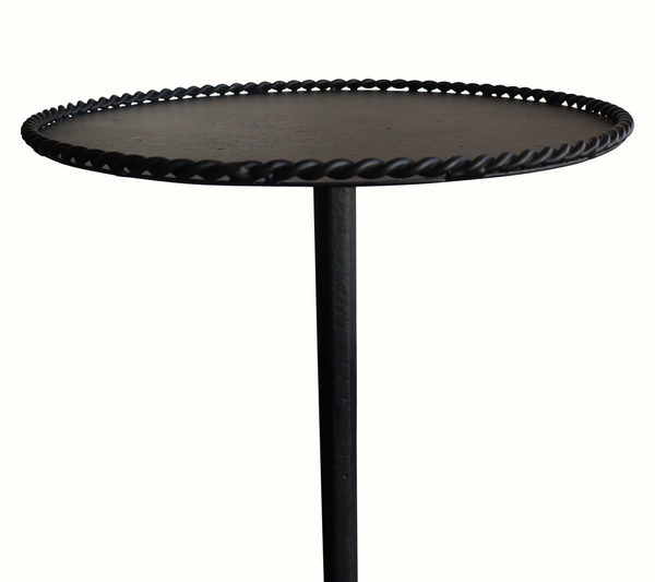 Black gueridon table with braided tray top and upright pedestal column