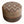 Round upholstered ottoman with patterned sides and top, beige fabric with red and navy shapes.