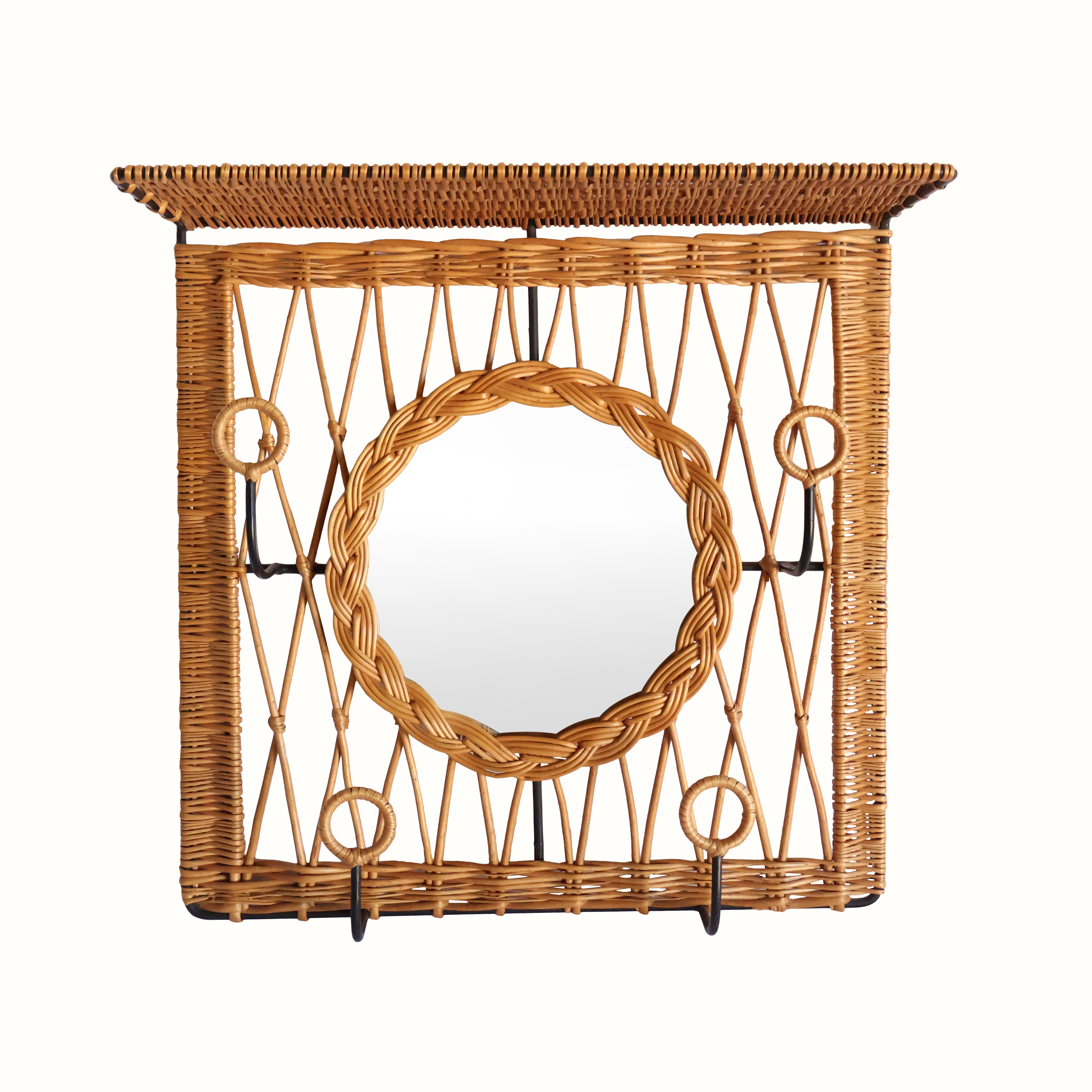 French Iron & Wicker Mirrored Coat Rack
