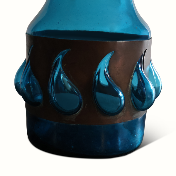 Blue Glass Lamp with Raffia Shade