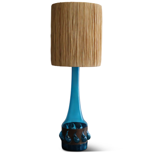 Blue Glass Lamp with Raffia Shade
