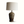 Ceramic table lamp with white drum shade; dark olive-brown speckled glazed base