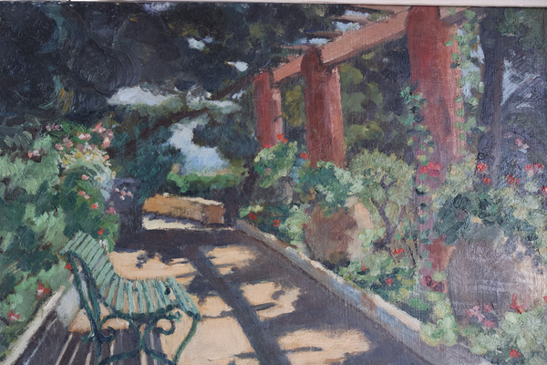 Oil painting close-up of garden walkway with flowers, greenery, and a red building