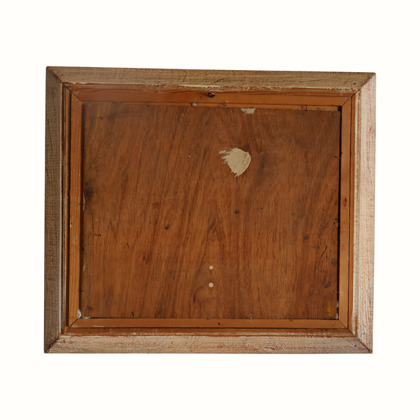 Back of antique garden oil painting with worn wood frame and small hanging hardware