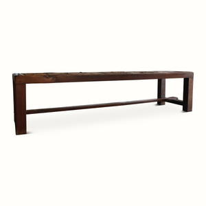 Wooden bench with patterned ceramic tile tabletop and thick side legs