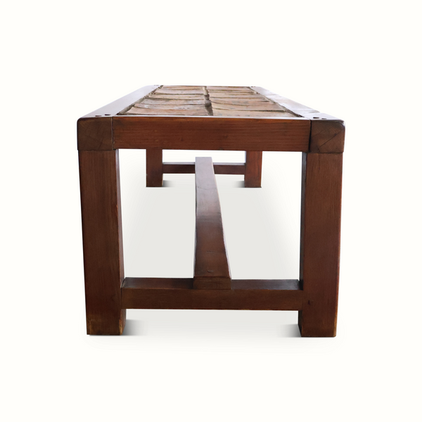 Wood bench with tiled tabletop and open frame sides