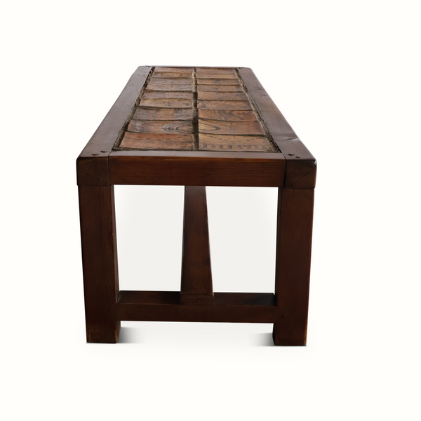 Wood bench with ceramic tile tabletop and dark wood end legs