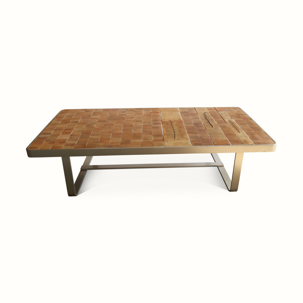 Tile coffee table with terracotta and beige mosaic top and dark metal legs