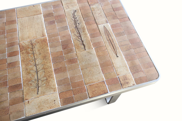 Tile coffee table mosaic top with branch-style patterns in beige, tan, and terracotta