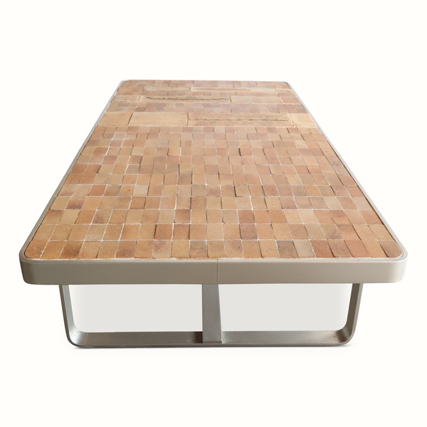 Square tile coffee table with checkered terracotta mosaic top and light metal base
