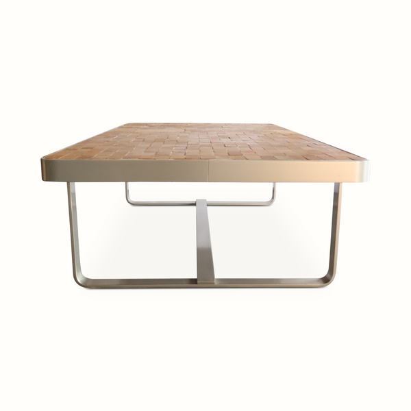 Tile coffee table with terracotta mosaic top and U-shaped steel frame
