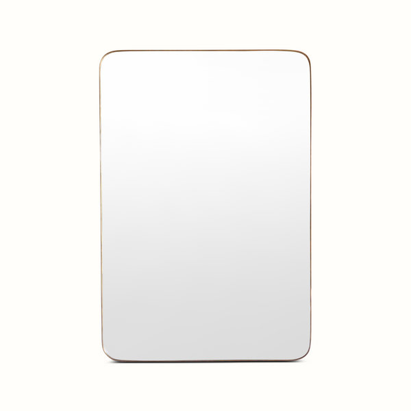 Wall mirror with rounded-rectangle shape and brass-toned frame