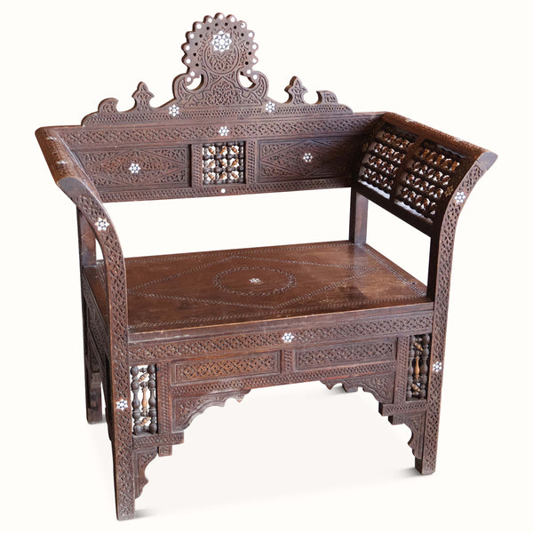 Antique Syrian carved and inlaid bench with floral inlays and lattice side panel