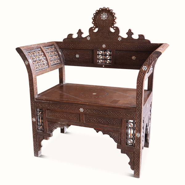 Antique Syrian carved and inlaid bench with mirrored side panels and beaded trim
