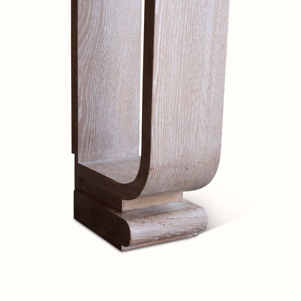 Cerused oak console table base with curved support brackets and chunky feet