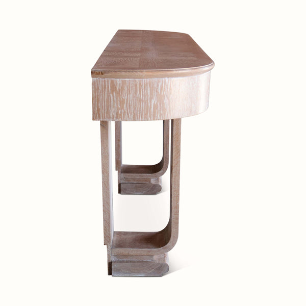 Cerused oak console table with inset drawer and tapered legs, top with beveled edge