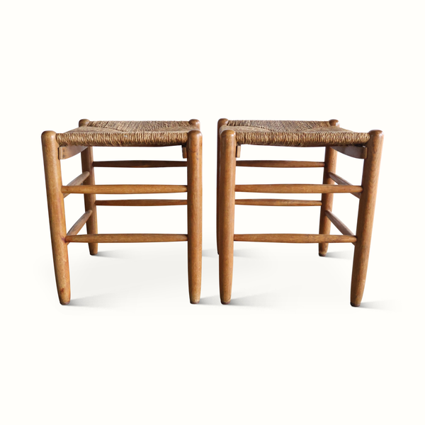 Pair of woven rush stools in oak with rectangular slatted back panels