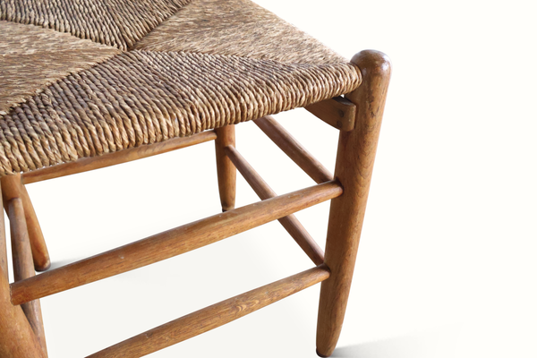 Woven rush stool with oak side frame and two-tier slatted support