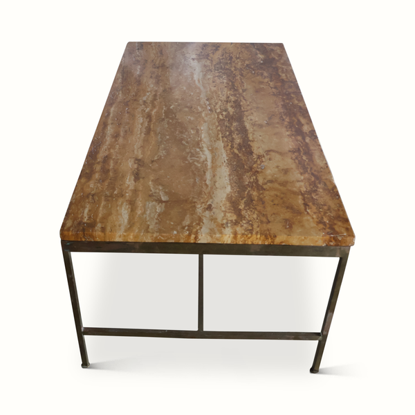 Coffee table with brown stone tabletop, angled sides, and dark metal base
