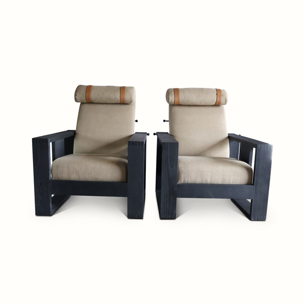 Pair of reclining armchairs with beige upholstery and dark wood arms