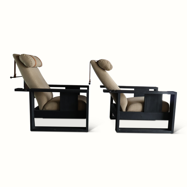 Pair of recliner armchairs, taupe seats, dark wood frames and headrests