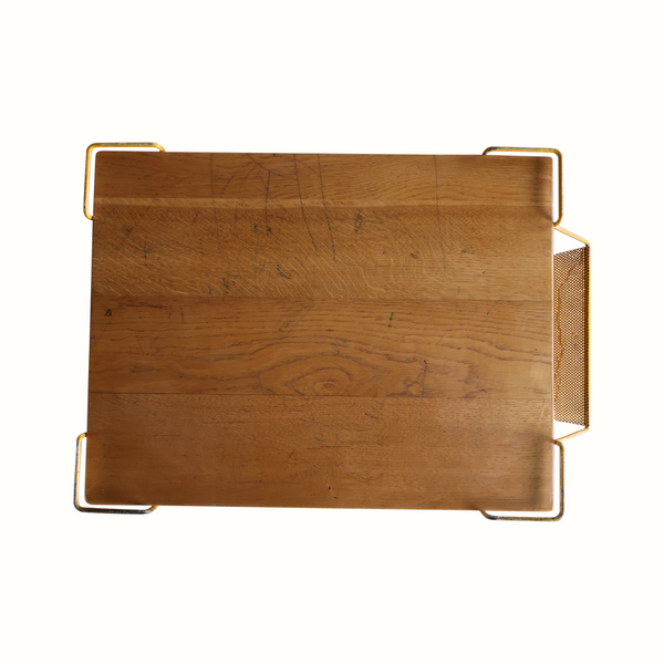 Bar cart top tray: square wooden board with brass-toned corner handles and edges