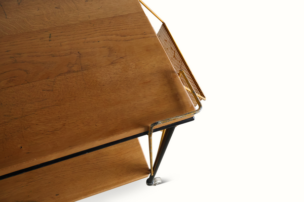 Bar cart wood shelf edge with brass side panel and black support legs