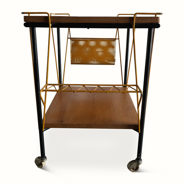 Bar cart with wood top and bottom shelf, black frame, perforated brass-toned basket