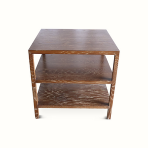 Tiered table with flat top and two open tiers, distressed dark wood grain
