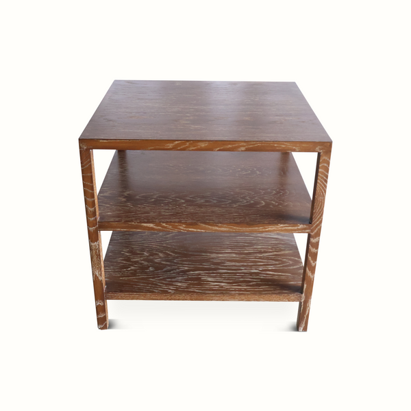 Tiered table with flat top and two open tiers, distressed dark wood grain