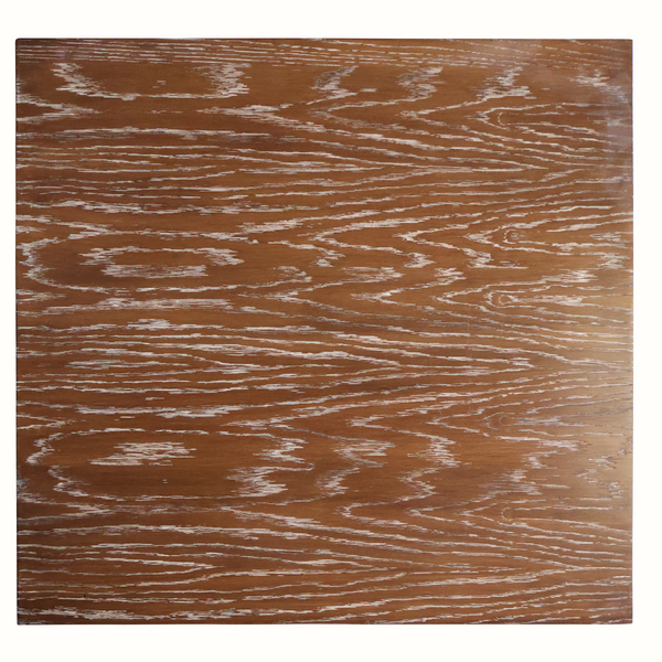Distressed wood table top with visible grain, brown finish