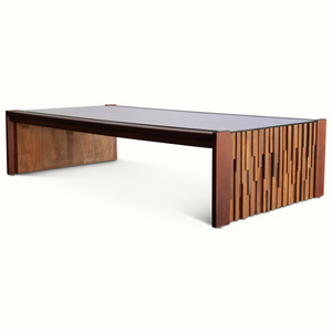 Rectangular coffee table with dark tabletop and vertical wood slat side panels
