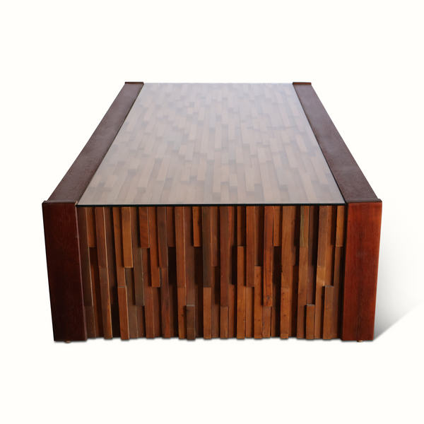 Rectangular coffee table with light gray mosaic top and vertical wood slat sides