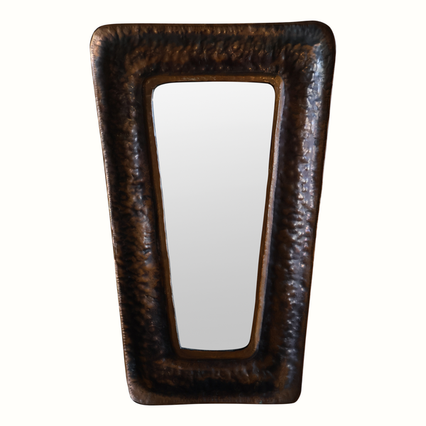 Vintage copper wall mirror with textured dark frame and vertical rectangular glass