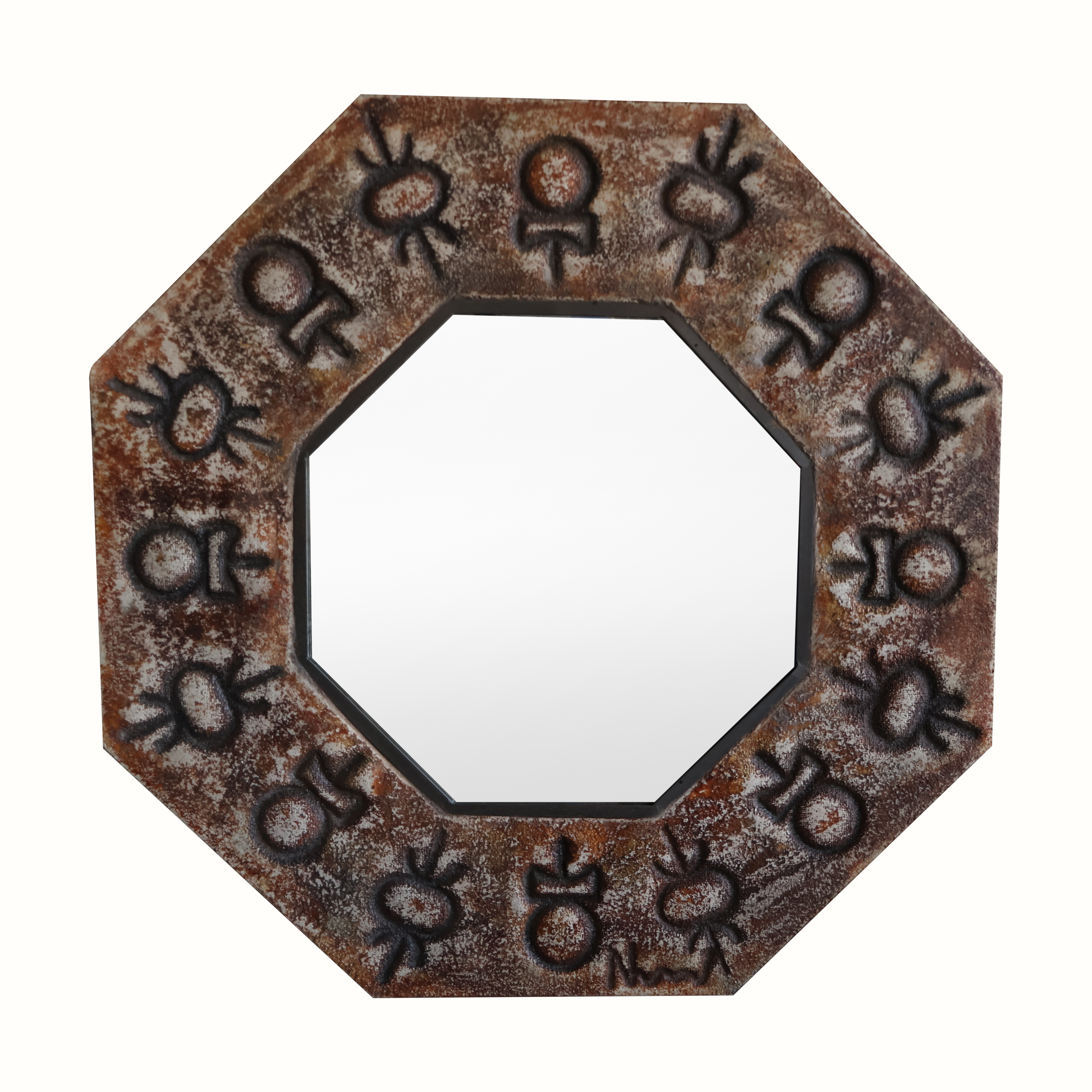 Octagonal Ceramic & Bronze Framed Mirror, France, 1960s