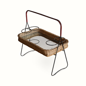 Wicker, Iron and Leather Mirrored Top Tray Table