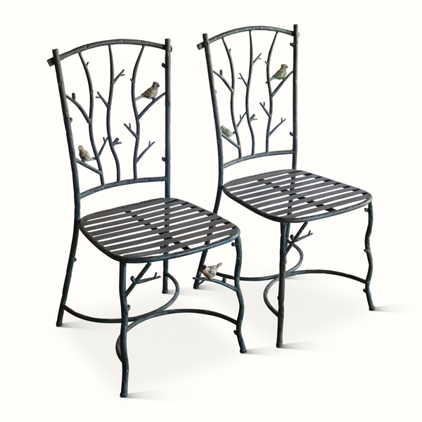 Set of two dark metal side chairs with faux-bois branch back and slatted seats