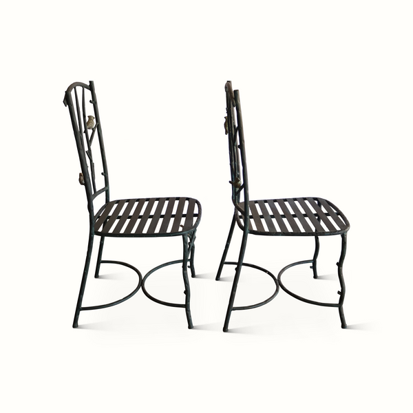 Set of two metal side chairs with slatted seats and curved faux-bois back frames