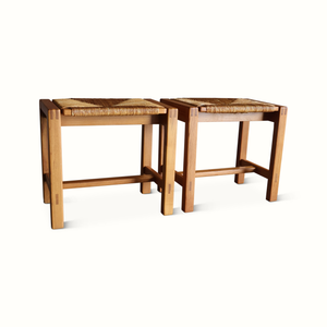 Natural wood rush bar stools with woven seats and open side frames