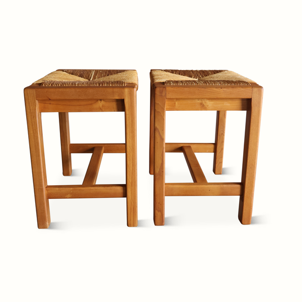 Pair of natural wood rush stools with woven seats and open side supports
