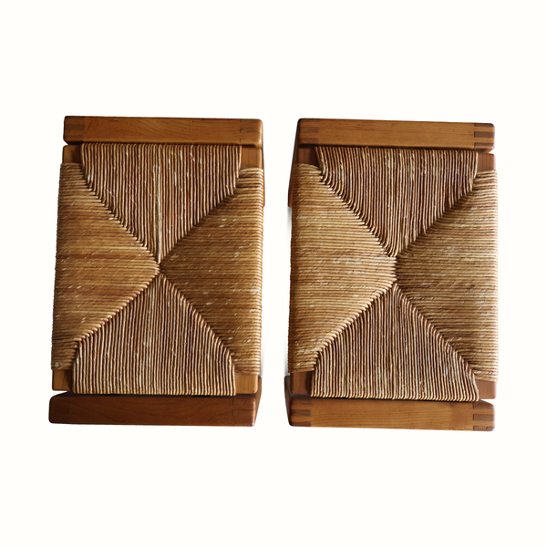 Rush woven stool seats with crosshatch pattern on square wooden frames