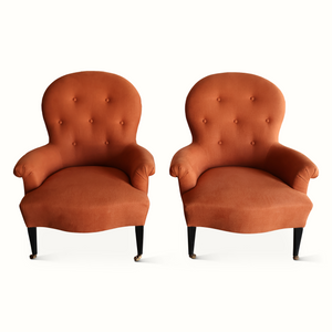 Set of two Napoleon III armchairs in terracotta with button-tufted backs and armrests