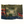 Woven landscape tapestry with green building scene, orange and blue border, fringed edges