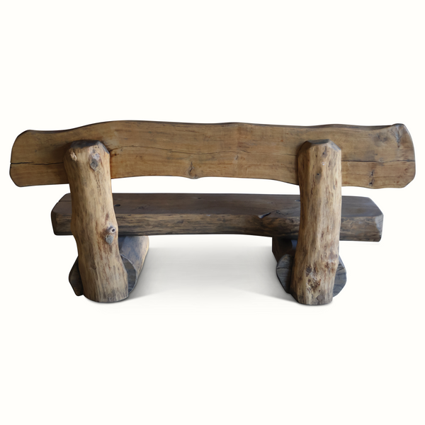 Live-edge wooden bench with solid plank backrest, thick seat, and squared log legs