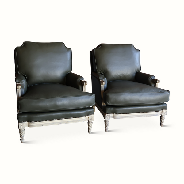 Pair of Green Leather Armchairs by Maison Jansen
